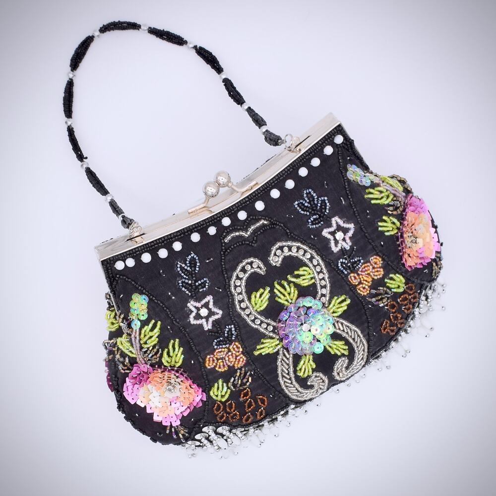 Beaded  Sequin Floral Black Bag Kiss Lock Clutch Baguette